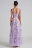 Robe midi fleurie à col en V appliqué lilas
