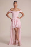 Robe de mariage corset rose à volants à volants dénudé