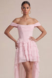 Robe de mariage corset rose à volants à volants dénudé