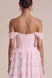 Robe de mariage corset rose à volants à volants dénudé