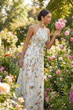 Longue robe formelle longue à la ligne fleurale fleurale A brodée à col nu