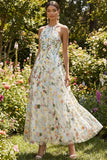Longue robe formelle longue à la ligne fleurale fleurale A brodée à col nu