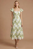 Robe de bal longue à col carré à floles fleurales vertes