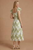 Robe de bal longue à col carré à floles fleurales vertes