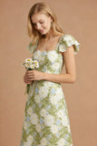 Robe de bal longue à col carré à floles fleurales vertes