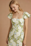 Robe de bal longue à col carré à floles fleurales vertes