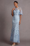 Robe formelle longue à fourreau fleural à éluissage fleural appliqué bleu clair
