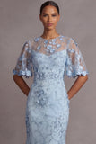 Robe formelle longue à fourreau fleural à éluissage fleural appliqué bleu clair