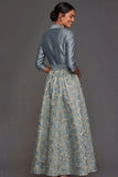 Collet bleu poussiéreux à col A Line Longue robe formelle fleurie avec nœud