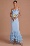 Robe longue de cérémonie en sirène à brides fines à volants bleu clair