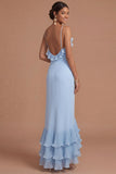Robe longue de cérémonie en sirène à brides fines à volants bleu clair