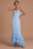 Robe longue de cérémonie en sirène à brides fines à volants bleu clair