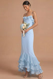 Robe longue de cérémonie en sirène à brides fines à volants bleu clair