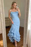 Robe longue de cérémonie en sirène à brides fines à volants bleu clair