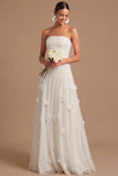 Robe longue blanche de réception de mariage blanche sans bustiers, fleurie appliquée à l’applique et à la ligne A
