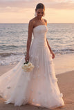 Robe longue blanche de réception de mariage blanche sans bustiers, fleurie appliquée à l’applique et à la ligne A