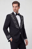 Costumes de mariage noirs étincelants en deux pièces à revers d’un bouton, châle à un bouton,