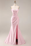 Robe de bal longue en satin rose sirène à fronçons et fente