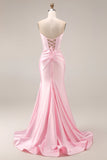 Robe de bal longue en satin rose sirène à fronçons et fente