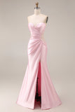 Robe de bal longue en satin rose sirène à fronçons et fente