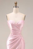 Robe de bal longue en satin rose sirène à fronçons et fente
