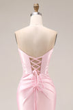 Robe de bal longue en satin rose sirène à fronçons et fente