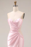 Robe de bal longue en satin rose sirène à fronçons et fente