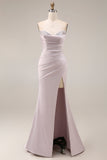 Robe longue de bal de bal en satin sirène violet clair violet à perles et perlée