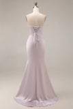 Robe longue de bal de bal en satin sirène violet clair violet à perles et perlée