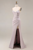 Robe longue de bal de bal en satin sirène violet clair violet à perles et perlée