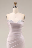 Robe longue de bal de bal en satin sirène violet clair violet à perles et perlée