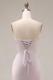 Robe longue de bal de bal en satin sirène violet clair violet à perles et perlée