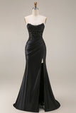 Robe de soirée longue noire satin sirène bustier transparent perlé avec fente