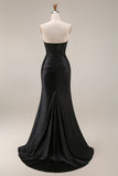 Robe de soirée longue noire satin sirène bustier transparent perlé avec fente