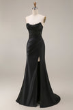 Robe de soirée longue noire satin sirène bustier transparent perlé avec fente