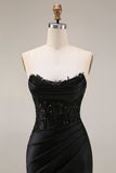 Robe de soirée longue noire satin sirène bustier transparent perlé avec fente