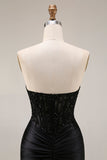 Robe de soirée longue noire satin sirène bustier transparent perlé avec fente