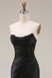 Robe de soirée longue noire satin sirène bustier transparent perlé avec fente
