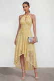Robe Midi asymétrique asymétrique en dentelle jaune à dos nus en ligne A avec trou de serrure