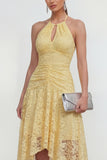Robe Midi asymétrique asymétrique en dentelle jaune à dos nus en ligne A avec trou de serrure