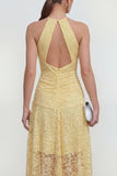 Robe Midi asymétrique asymétrique en dentelle jaune à dos nus en ligne A avec trou de serrure