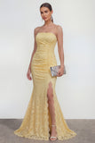 Robe longue invitée de mariage en dentelle jaune sans bretelles sirène avec fente