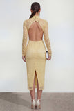 Robe midi en dentelle à col montant jaune avec fente