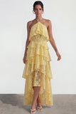 Corset asymétrique en dentelle jaune A Line Robe invitée à étages avec volants