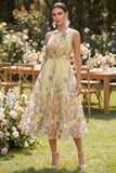 Robe midi fleurie jaune à une épaule brodée