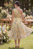 Robe midi fleurie jaune à une épaule brodée