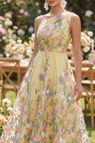 Robe midi fleurie jaune à une épaule brodée