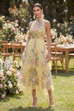 Robe Midi fleurie brodée à col jaune à col nu jaune