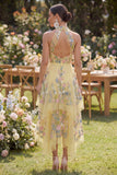 Robe Midi fleurie brodée à col jaune à col nu jaune