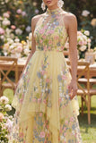 Robe Midi fleurie brodée à col jaune à col nu jaune